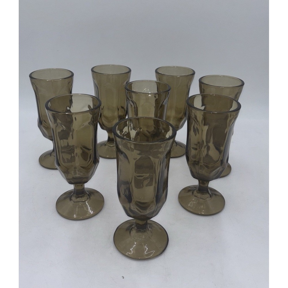 MCM Duz Crystal BROWN TAWNY Accent PANEL DESIGN Glass Ftd WATER GOBLETS Set of 8